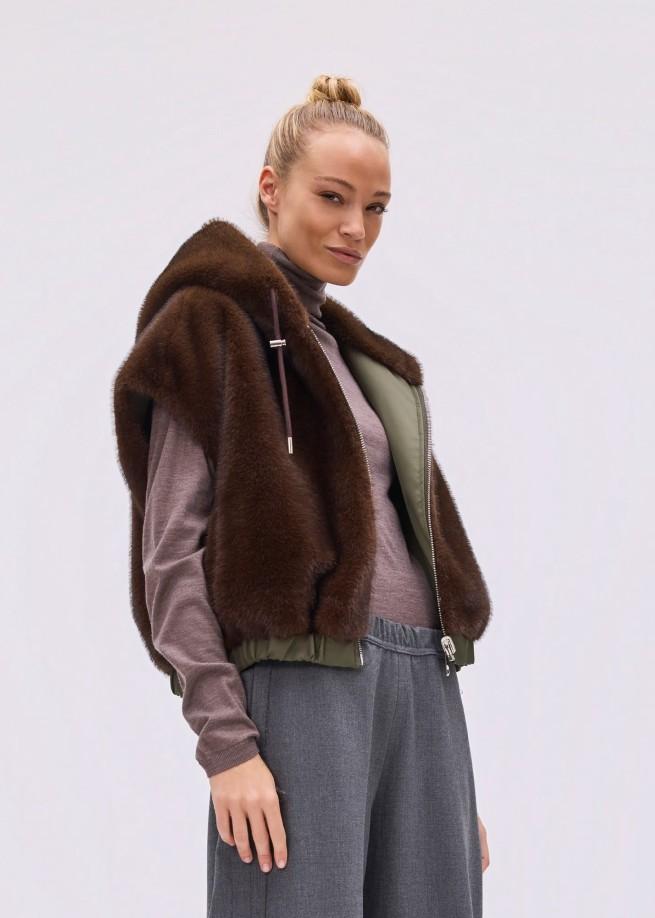 Weste Mia reversible fake mink olive/brown